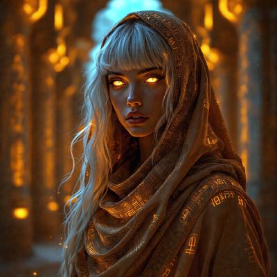 The primary subject of the image is a woman with long blonde hair, wearing a hooded robe and a headscarf. She is standing in front of a backdrop of pillars, which gives the scene an architectural and historical feel. The visual style of the image is a combination of photo and digital art, creating a unique and intriguing atmosphere. The colors in the image are predominantly warm and earthy tones, which contribute to the overall mood of the scene.